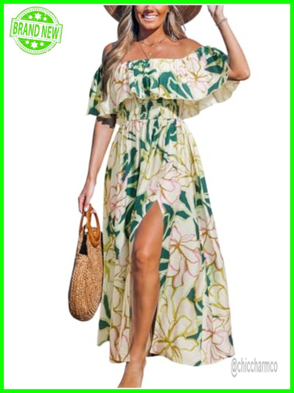 CUPSHE Women's Ruffle Floral Maxi Dress Off Shoulder Backless Beach Sundress